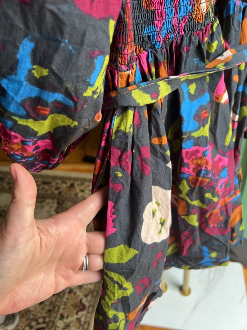 Cleobella Black Multi Floral Smocked Puff-Sleeve Mini Dress size small - Picture 6 of 9